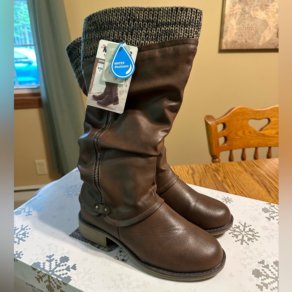 Muk Luks Brown Heeled Boots with Slouchy Design
